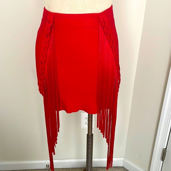 Dresses & Skirts - Red Bandage Mini Skirt w/ Fringe Braided Detail